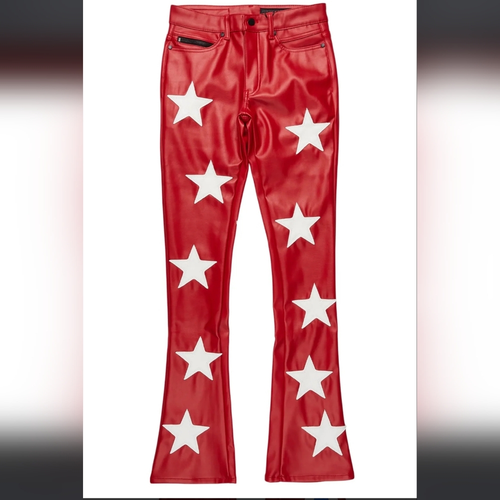 Red Star-Print Faux Leather Men's Pants